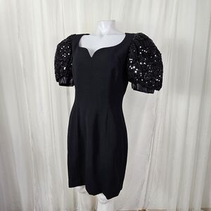 Vintage Morton Myles black sequin puff sleeve cocktail dress sweetheart neckline